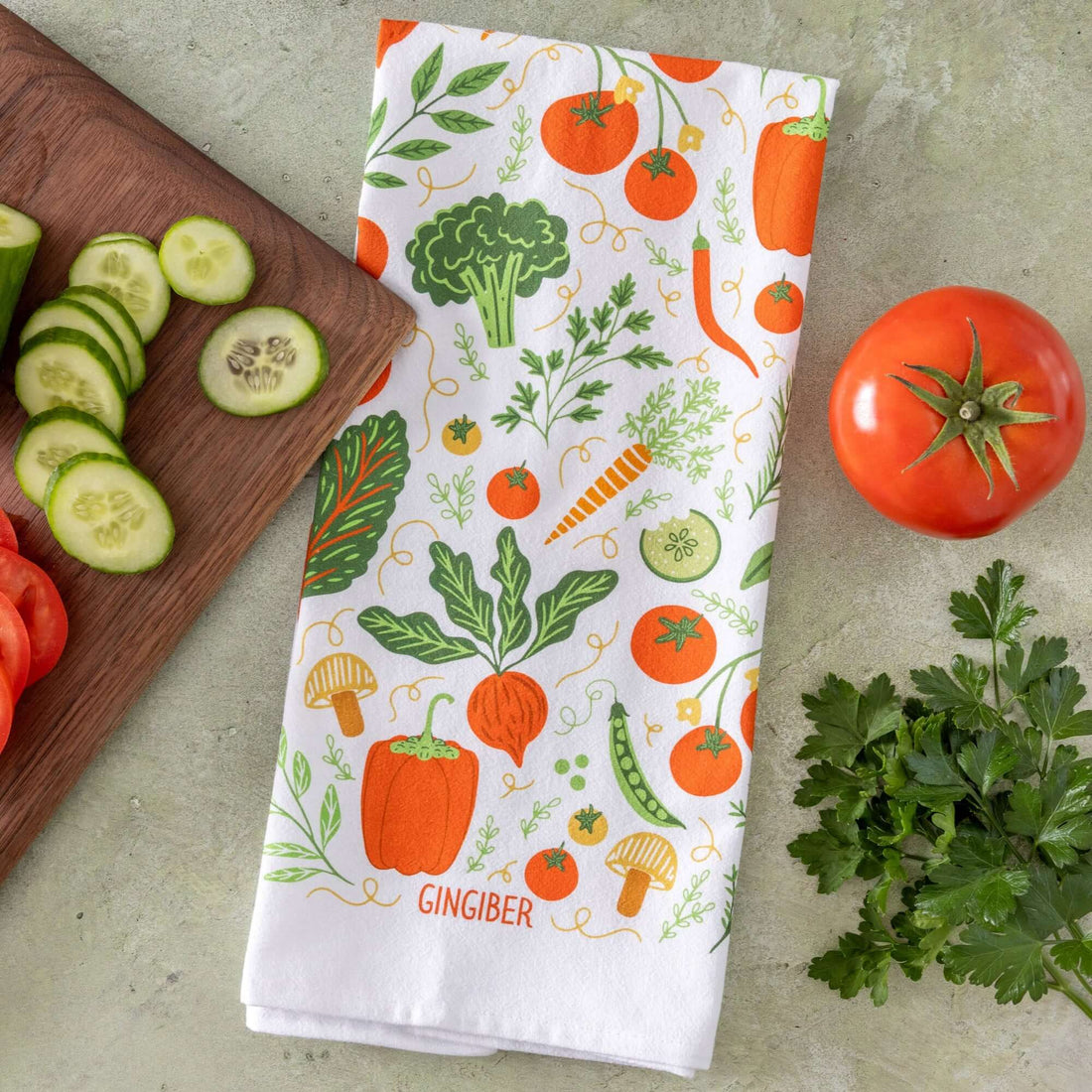 Gingiber cotton tea towel with vegetable design, perfect for gifting