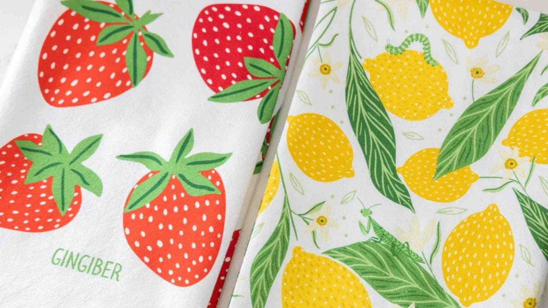 Strawberry Lemonade Bundle, tea towels by Gingiber — adding bold color to a neutral white kitchen