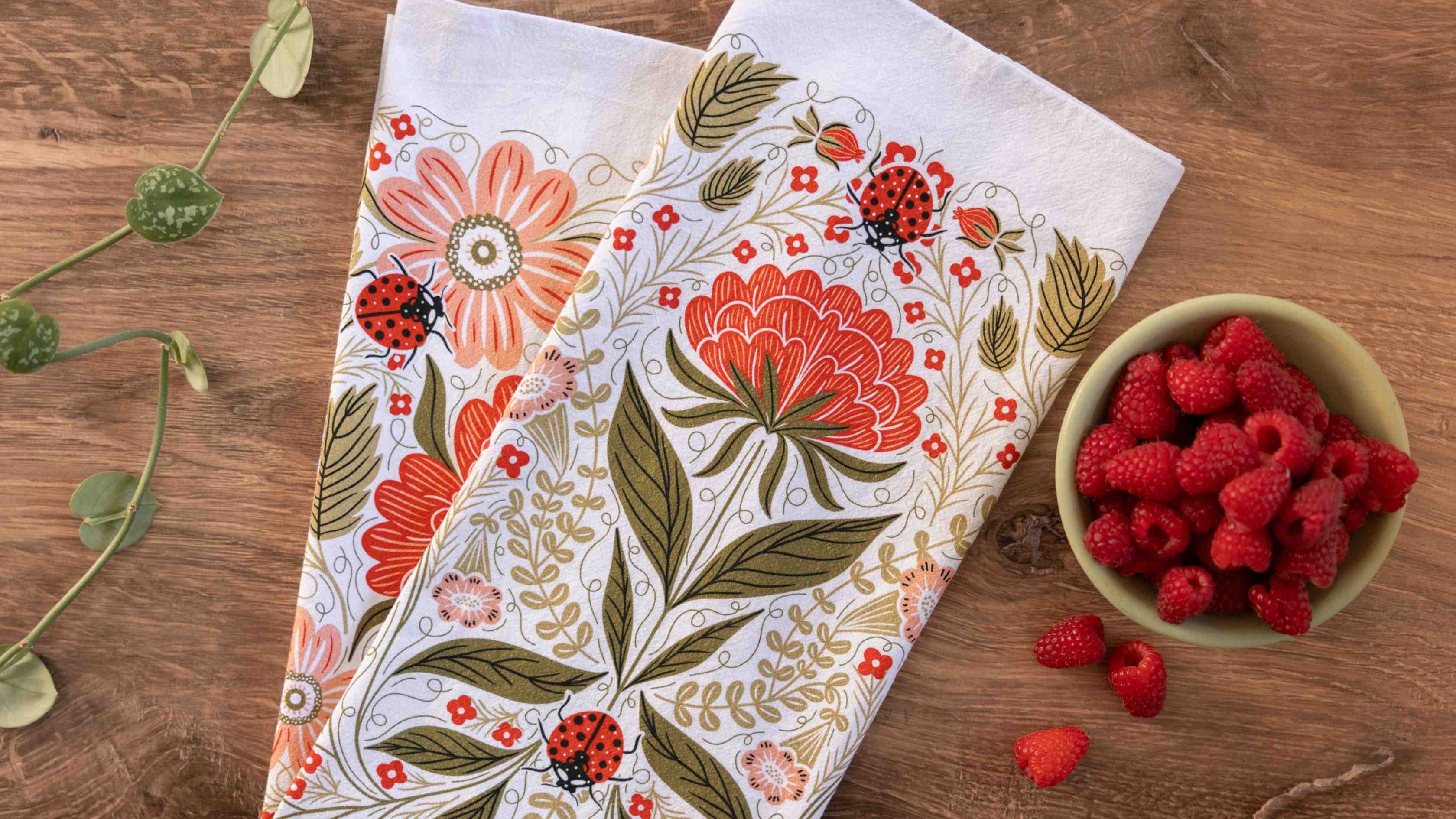 Ladybug Tea Towel by Gingiber — illustrated blooms styled as a gift for a flower lover