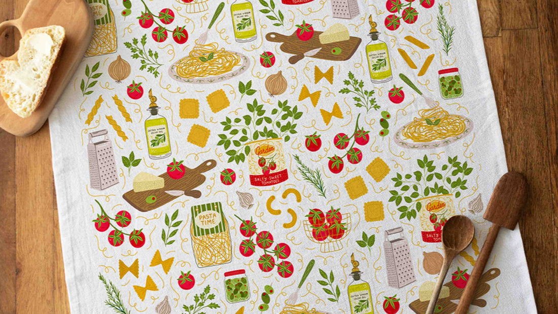 Pasta Night Tea Towell by Gingiber — freshly laundered illustrated flour sack cotton tea towel