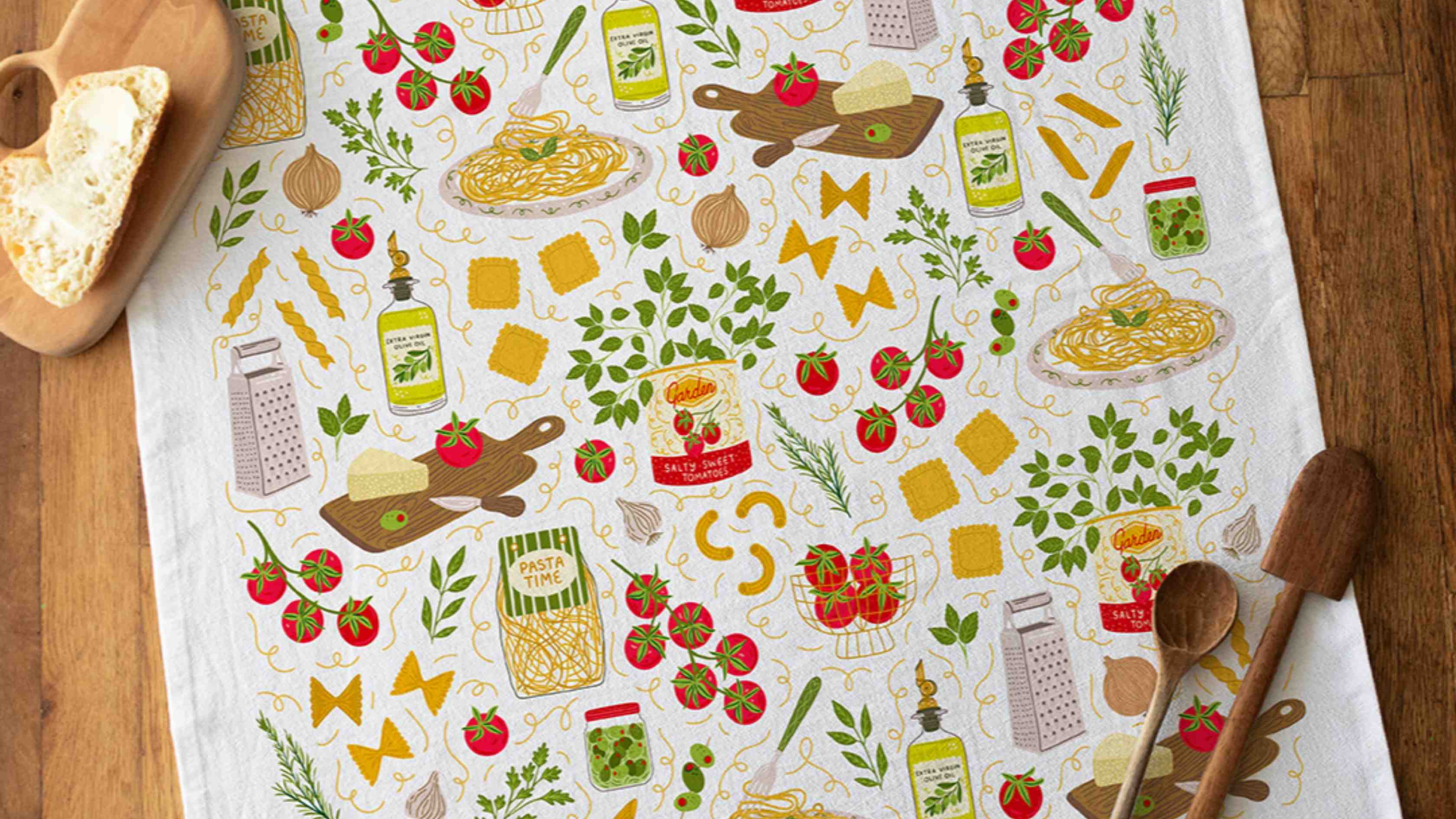 Pasta Night Tea Towell by Gingiber — freshly laundered illustrated flour sack cotton tea towel
