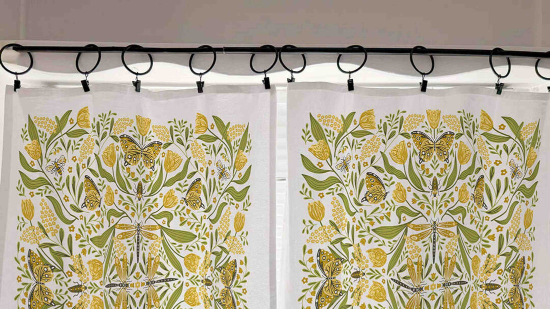Golden Garden Cafe Curtains by Gingiber in a rental kitchen window, hung damage-free on a tension rod