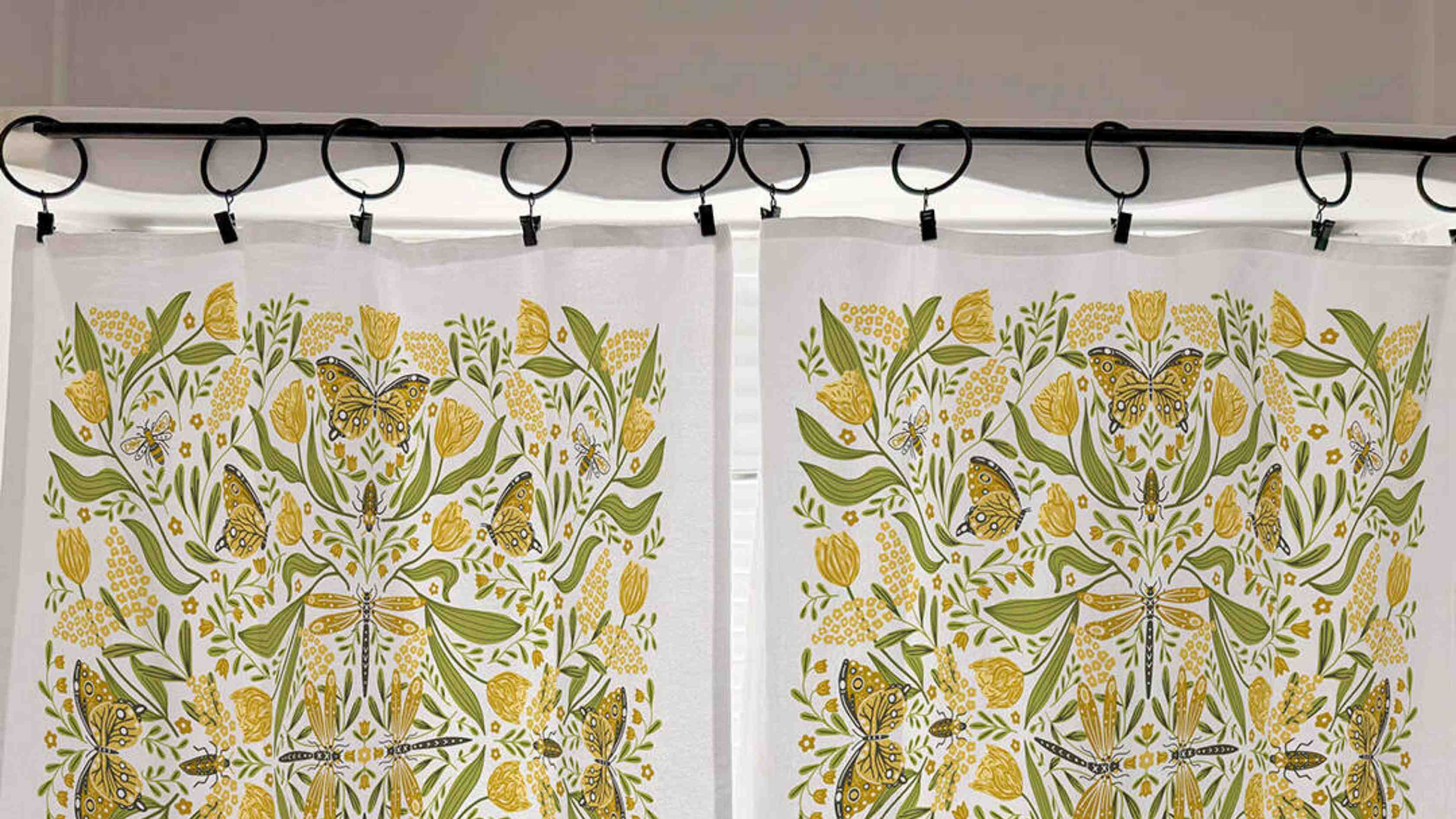 Golden Garden Cafe Curtains by Gingiber in a rental kitchen window, hung damage-free on a tension rod