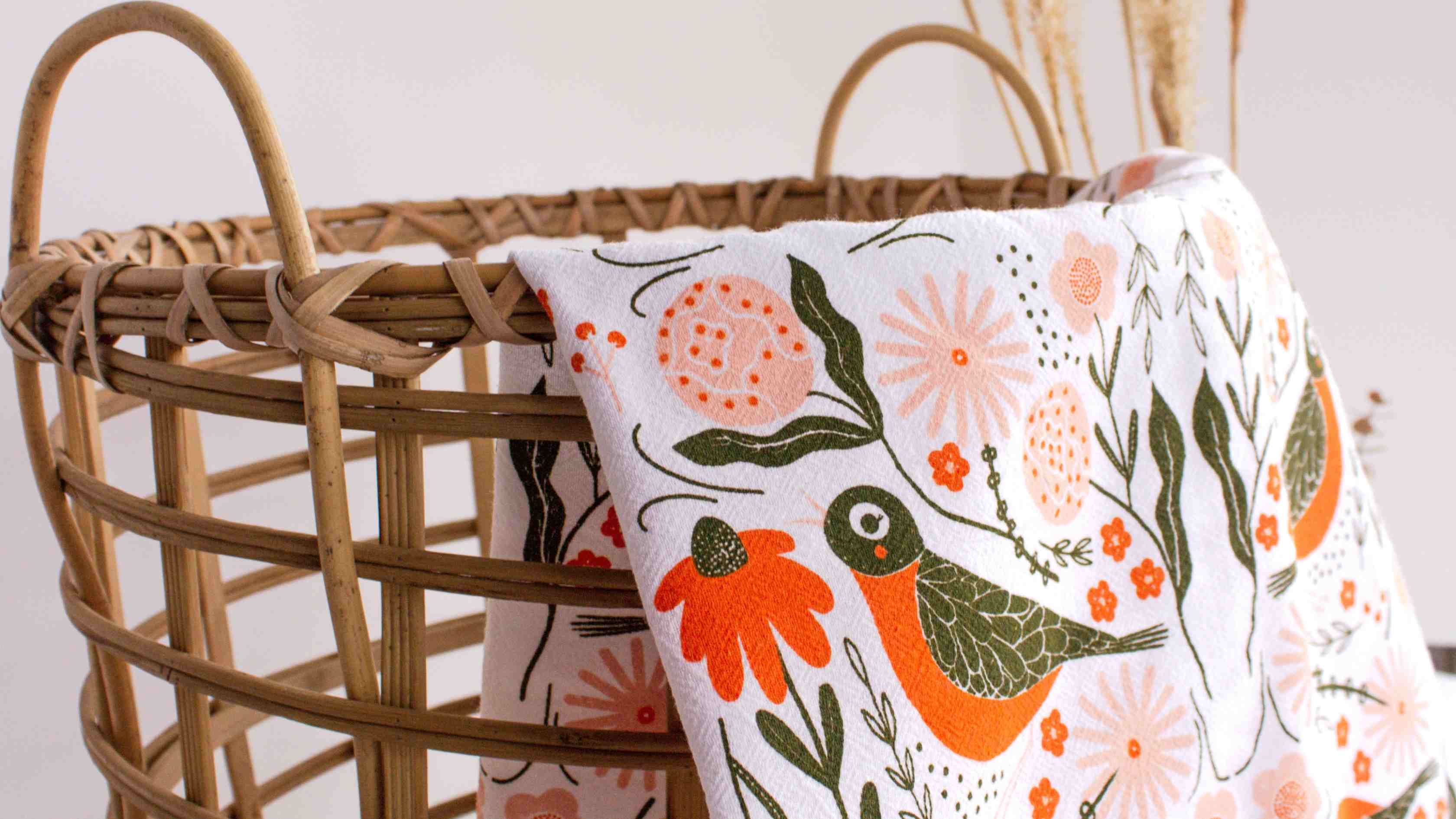 Robin Tea Towel by Gingiber — styled in a cottagecore kitchen with fresh-cut flowers and vintage crockery