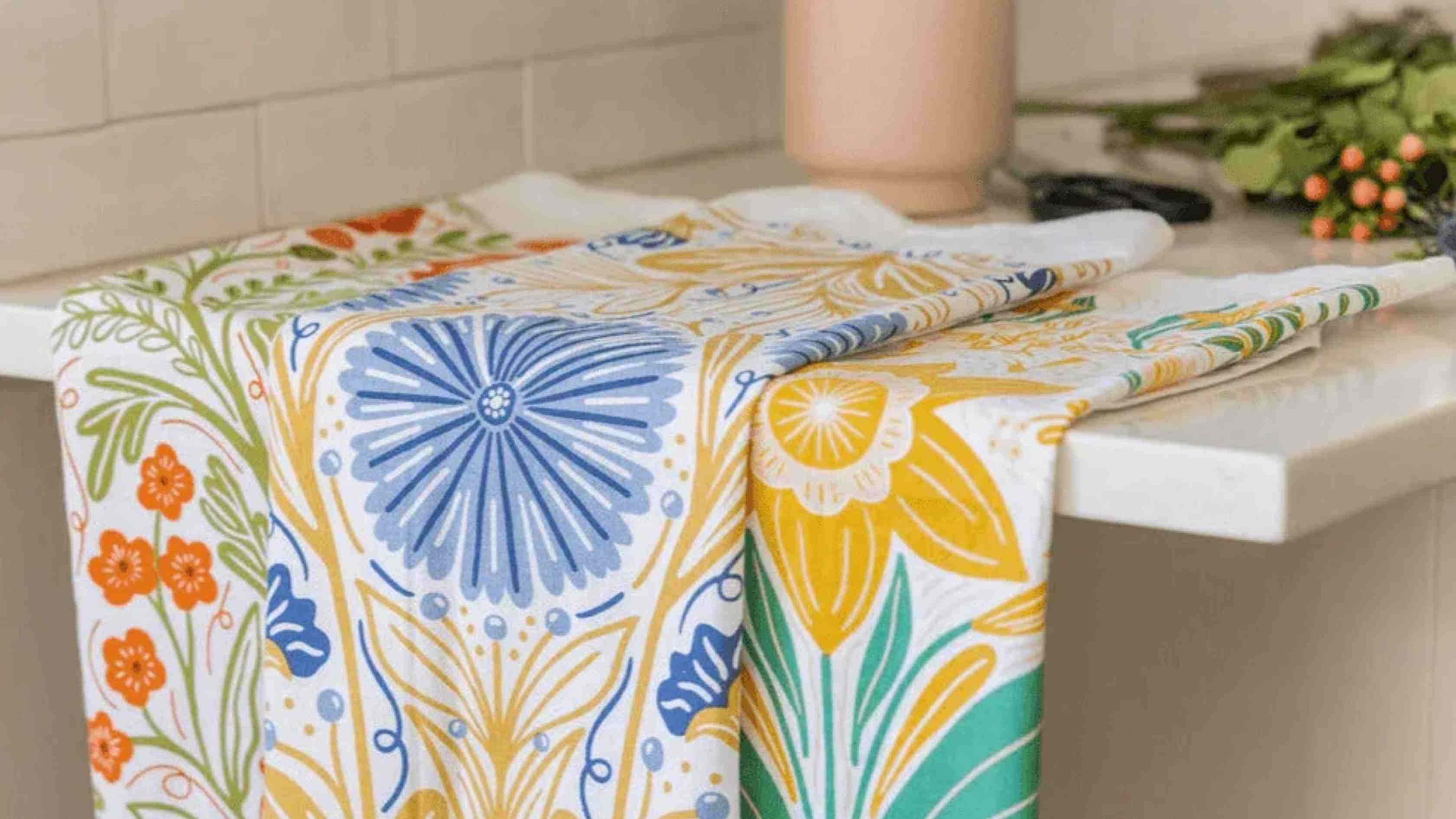 Flower Power Tea Towel Bundle by Gingiber — refreshing a kitchen counter with bold color and no renovation needed