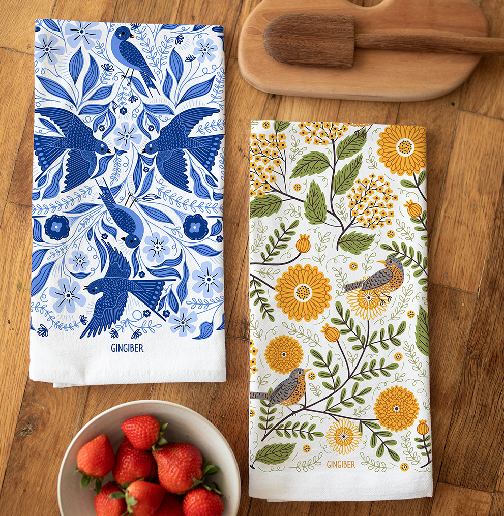 Collection of summer bird tea towels