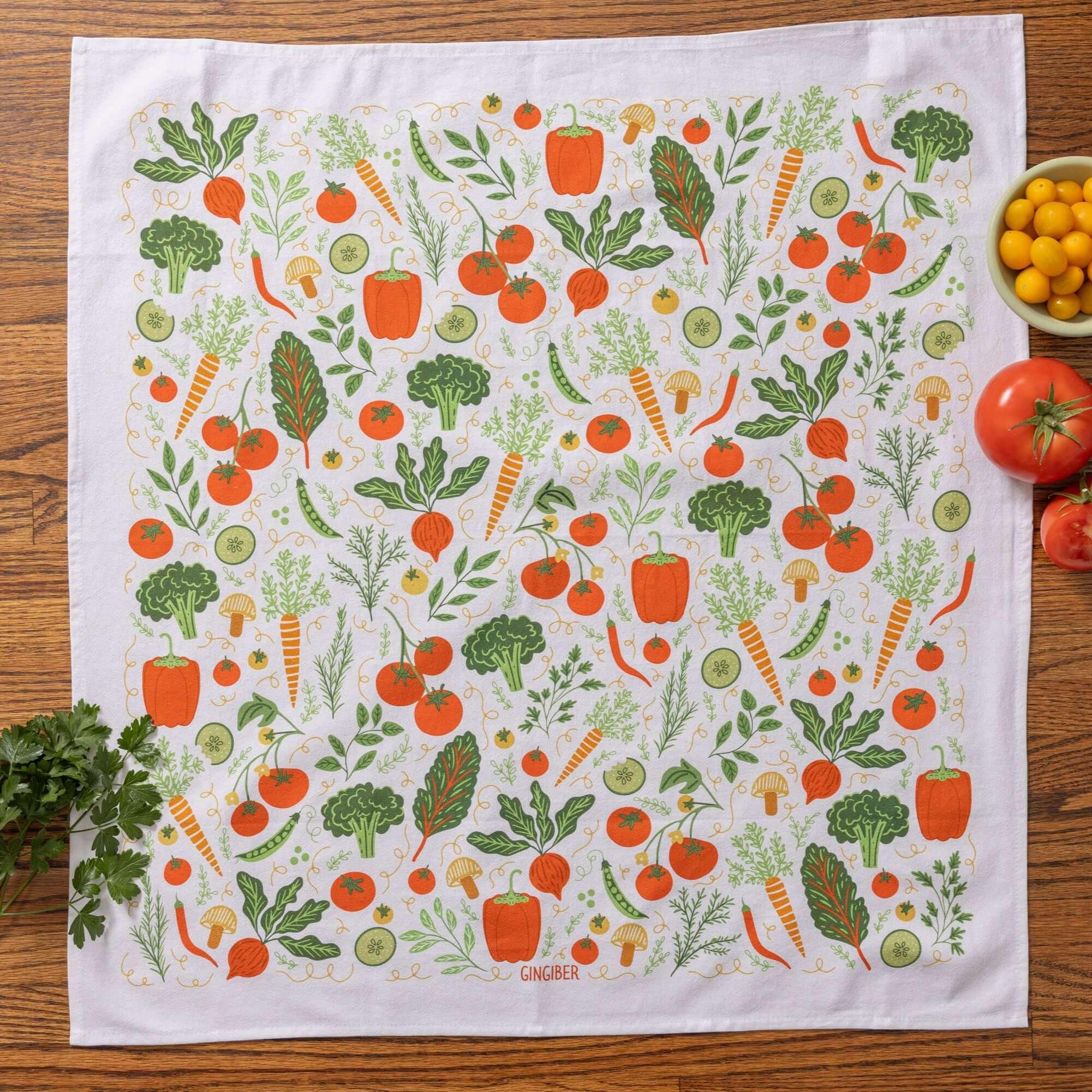 tea towel with illustrated vegetables