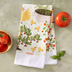 tea towel with illustrated chickens and garden items 