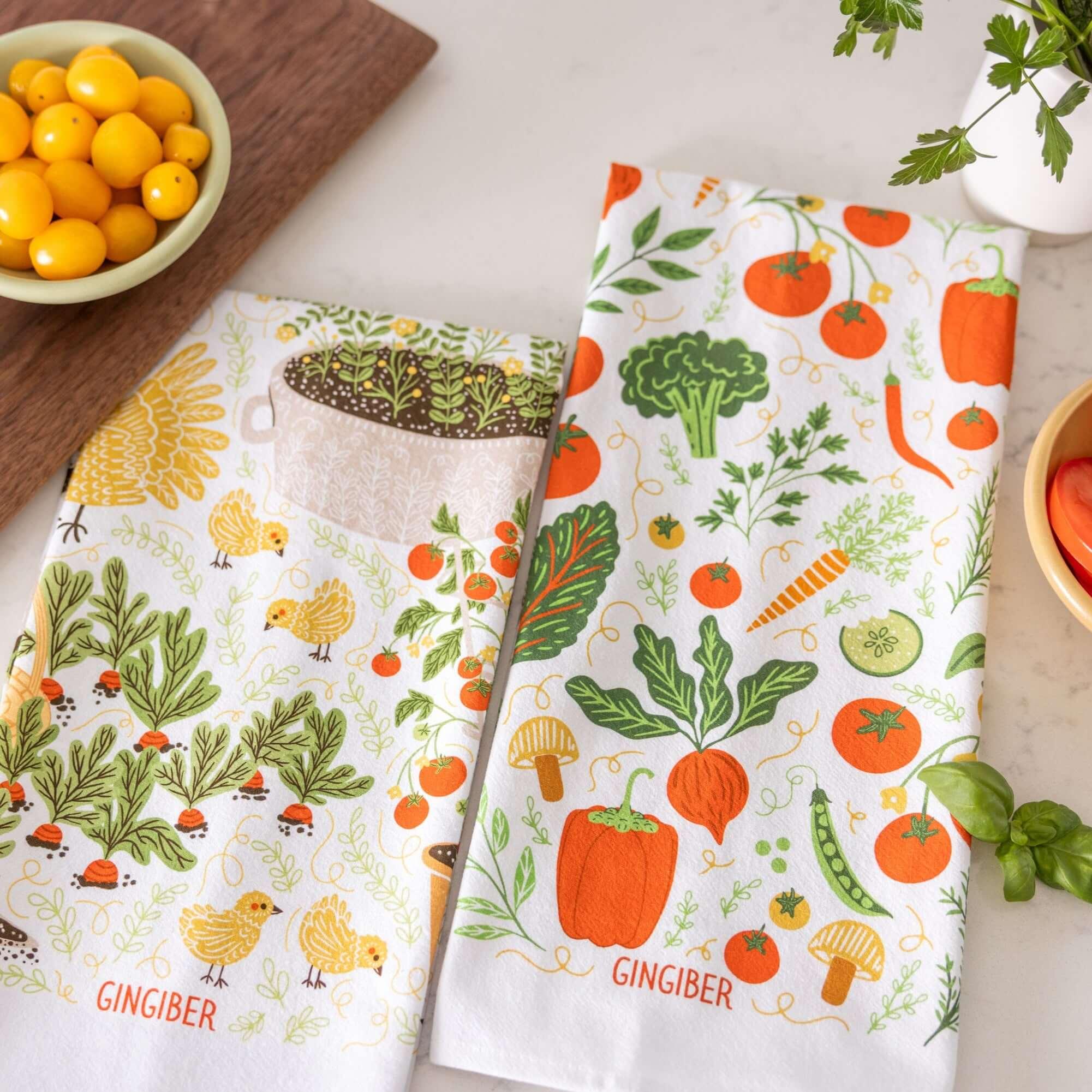 tea towel bundle with illustrated vegetables, chickens, and garden details