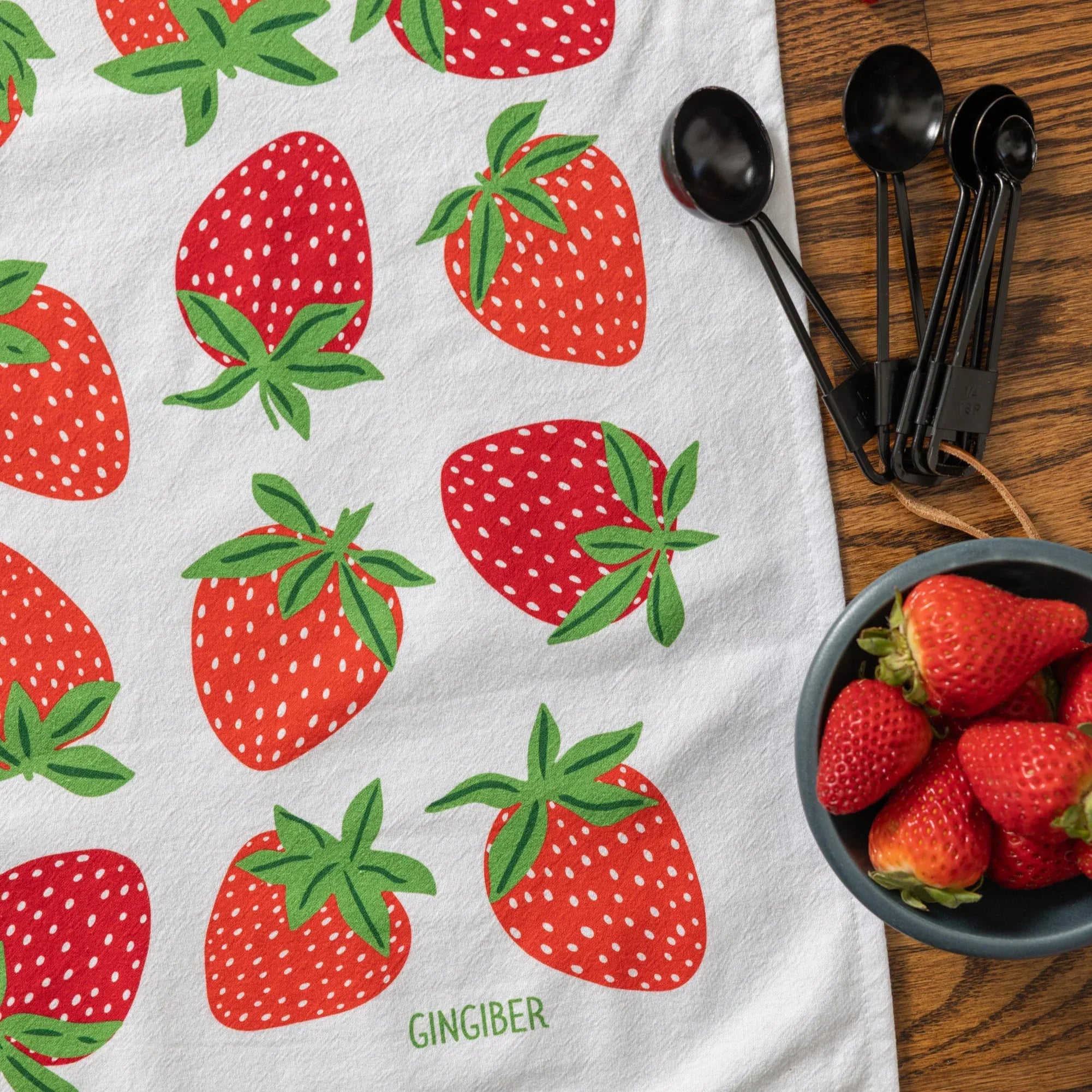 tea towel with illustrated strawberries