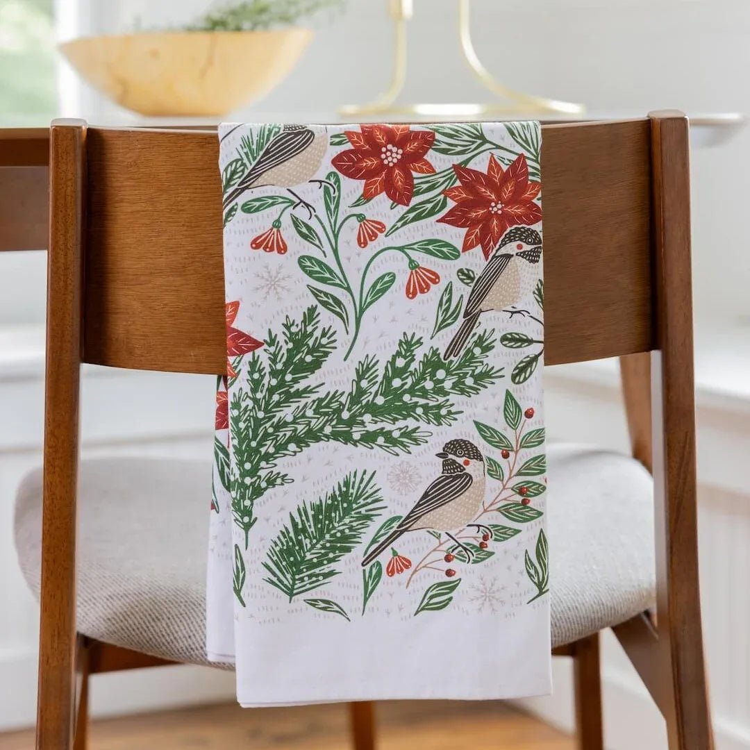Poinsettias & Pines Tea Towel - SAVE 16% - LIMITED STOCK floral kitchen towel for subscribers, 100% flour sack cotton, 26 x 27 inches