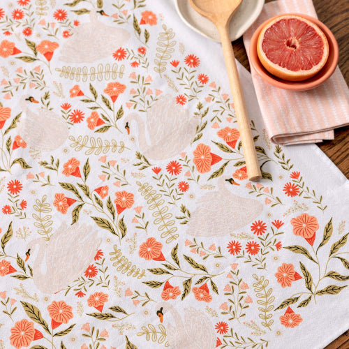 Prepaid Tea Towel Club: subscribe for 3, 6, or 12 months - image is a pink floral tea towel with swans