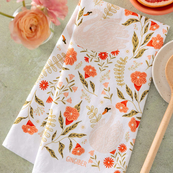 Prepaid Tea Towel Club: subscribe for 3, 6, or 12 months - image is a pink floral tea towel with swans