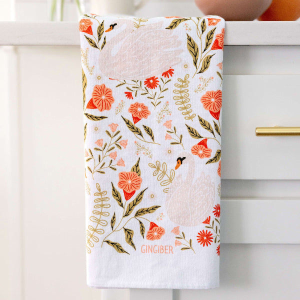 Prepaid Tea Towel Club: subscribe for 3, 6, or 12 months - image is a pink floral tea towel with swans