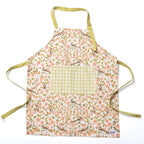 Apple Blossom Apron - Gingiber 100% cotton canvas, floral fruit pattern with yellow plaid pocket, adjustable neck strap, tie back, large pocket