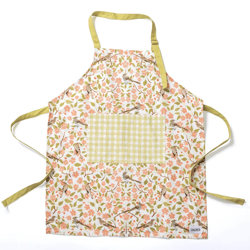 Apple Blossom Apron - Gingiber 100% cotton canvas, floral fruit pattern with yellow plaid pocket, adjustable neck strap, tie back, large pocket
