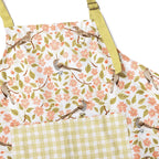 Apple Blossom Apron - Gingiber floral birds pattern with yellow straps and gingham pocket, 100% cotton canvas, adjustable neck, large pocket