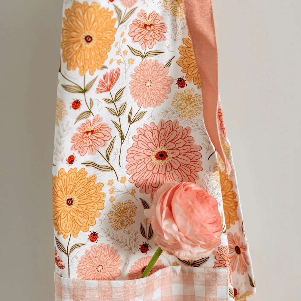 Zinnia Apron - Gingiber floral print kitchen apron with adjustable neck strap, large pocket, 100% cotton canvas, one size 29"L x 26"W