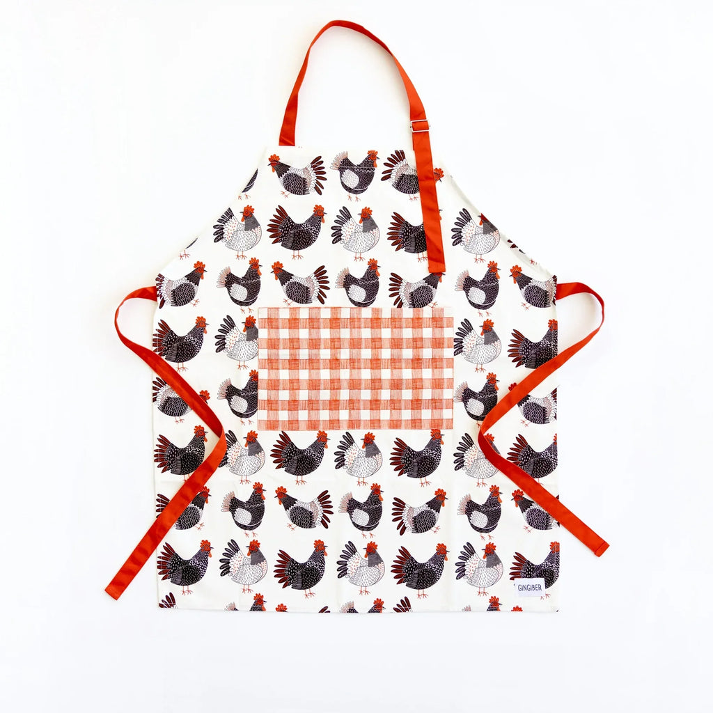 Chicken Apron—bake in style with gingiber apron featuring chicken print, adjustable neck strap, large pocket, 100% cotton canvasx
