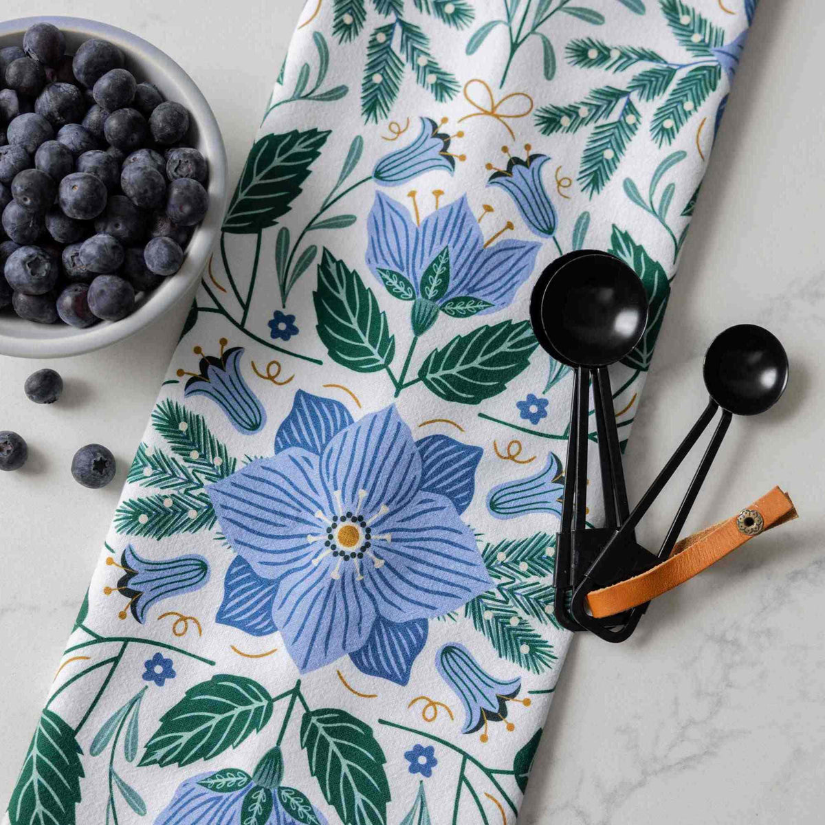 Blue Winter Flowers Tea Towel