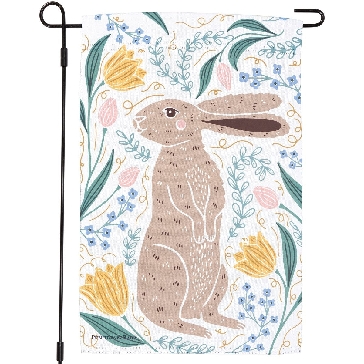 Decorative garden flag with a rabbit and floral design on a white background