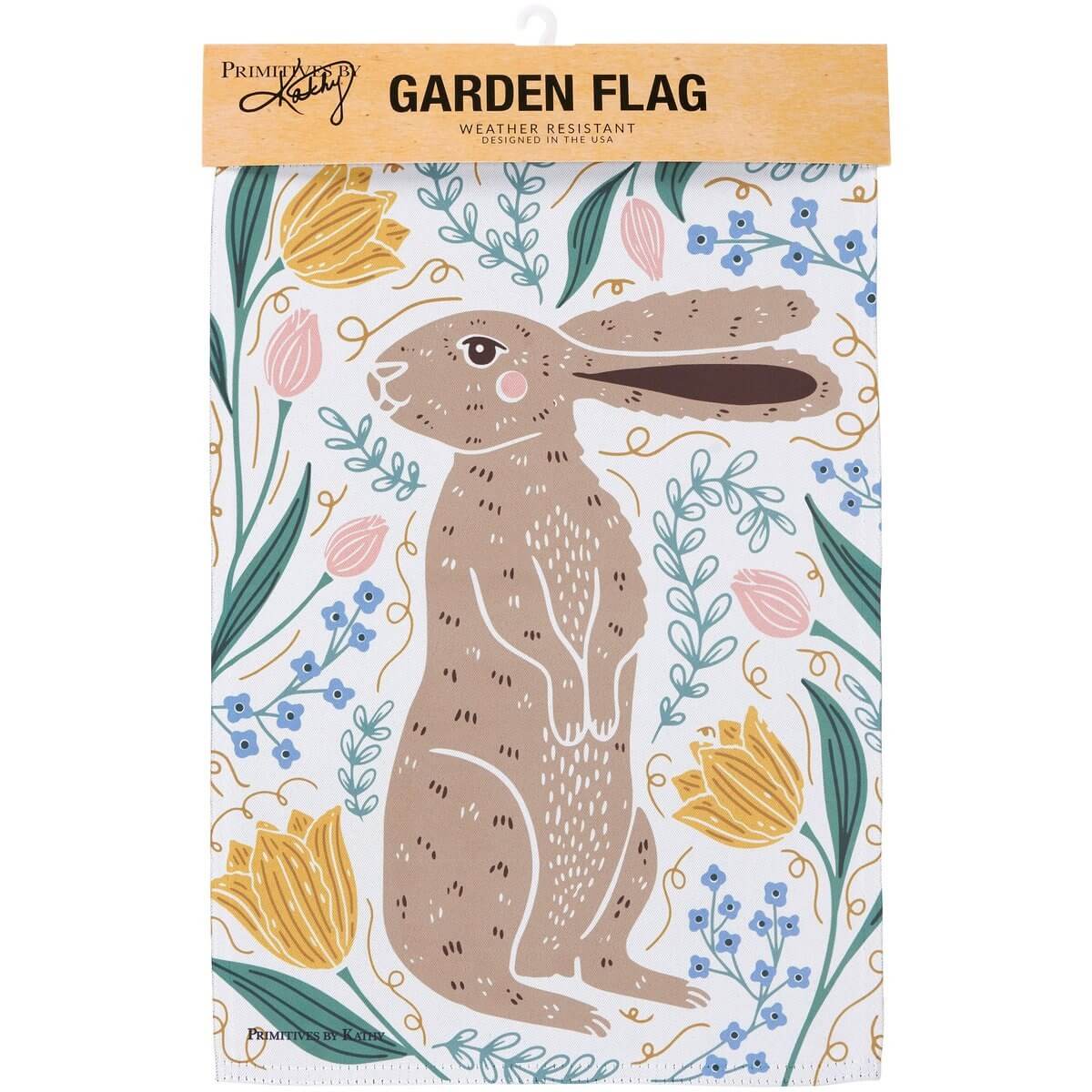 Garden flag with a rabbit design and floral elements on a white background