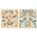Two floral-patterned items with birds and rabbits on a white background