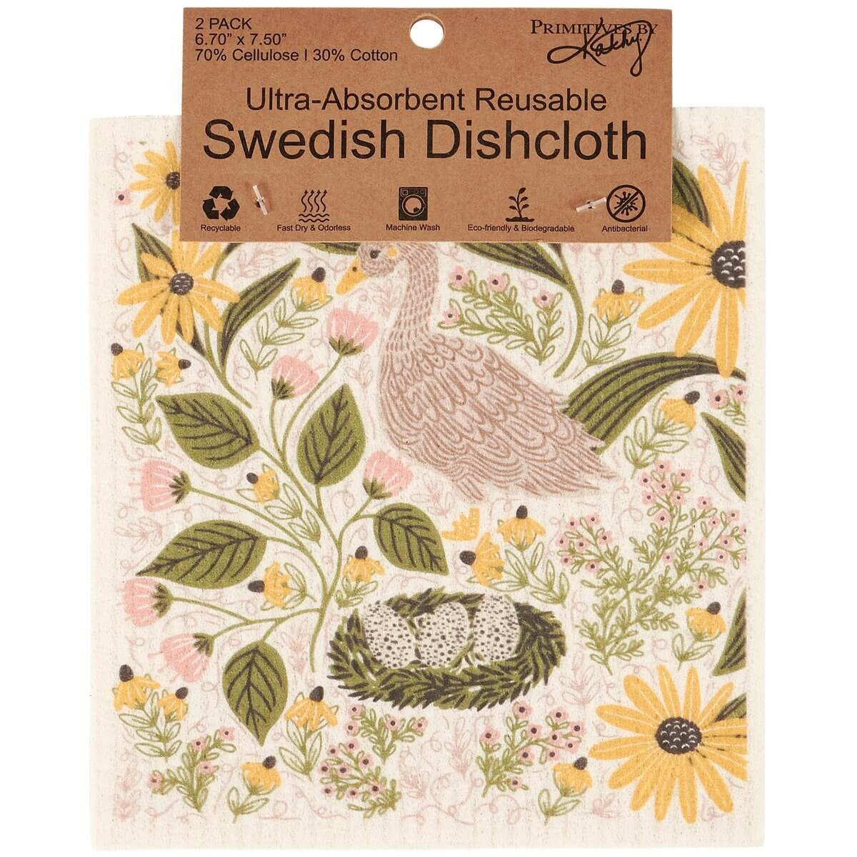 Swedish dishcloth with floral and bird design in packaging