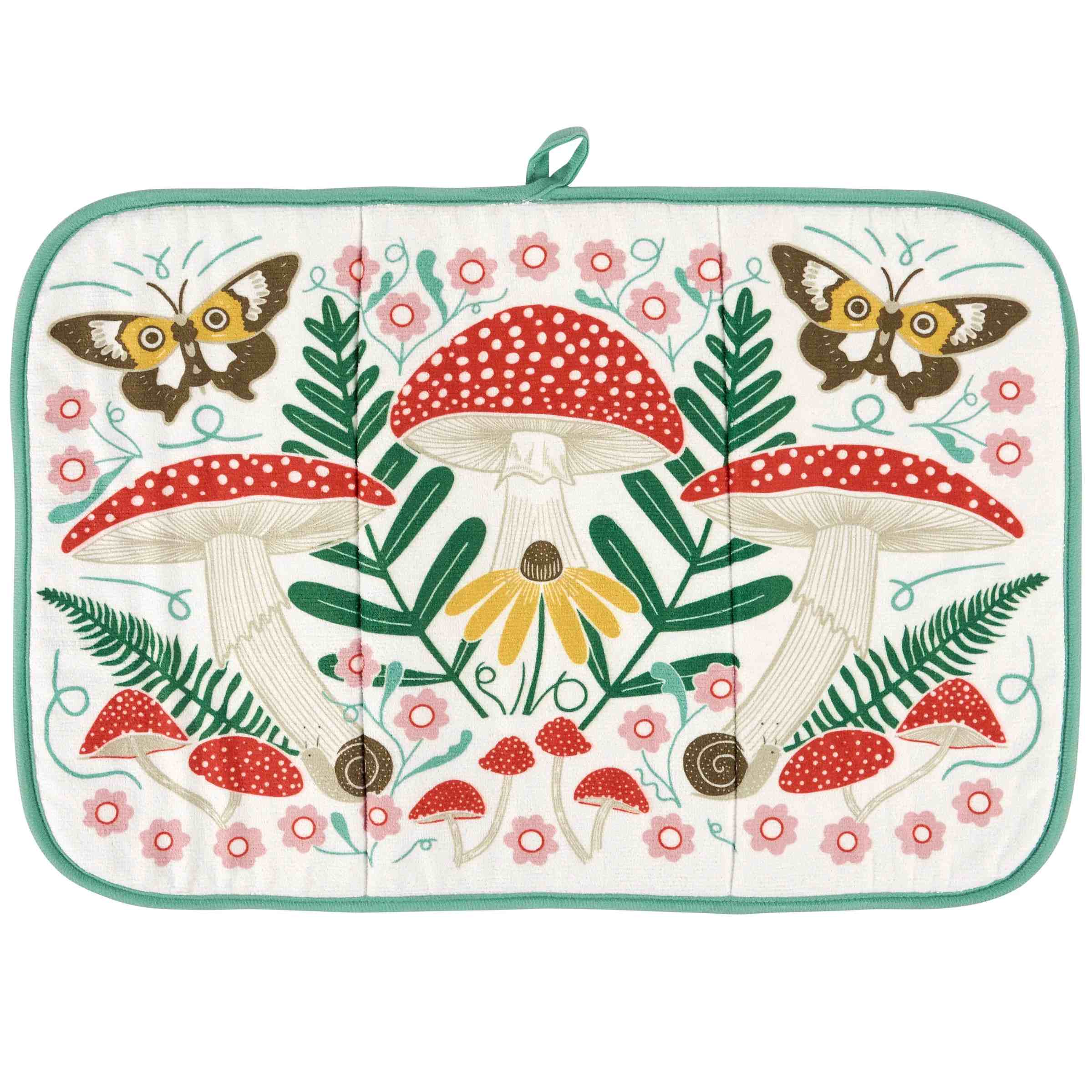 A square quilted potholder with a colorful woodland design featuring red and white mushrooms, green ferns, pink flowers, yellow flowers, and butterflies on an off-white background, finished with a mint green border and top loop.