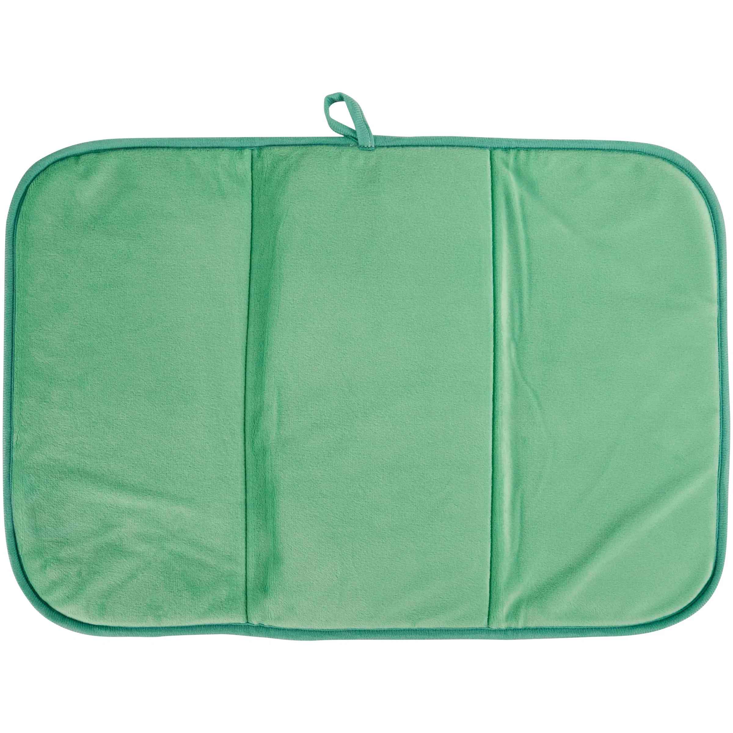 A green rectangular soft pad or mat with rounded corners, three vertical stitched panels, and a small loop at the top, shown on a plain white background.