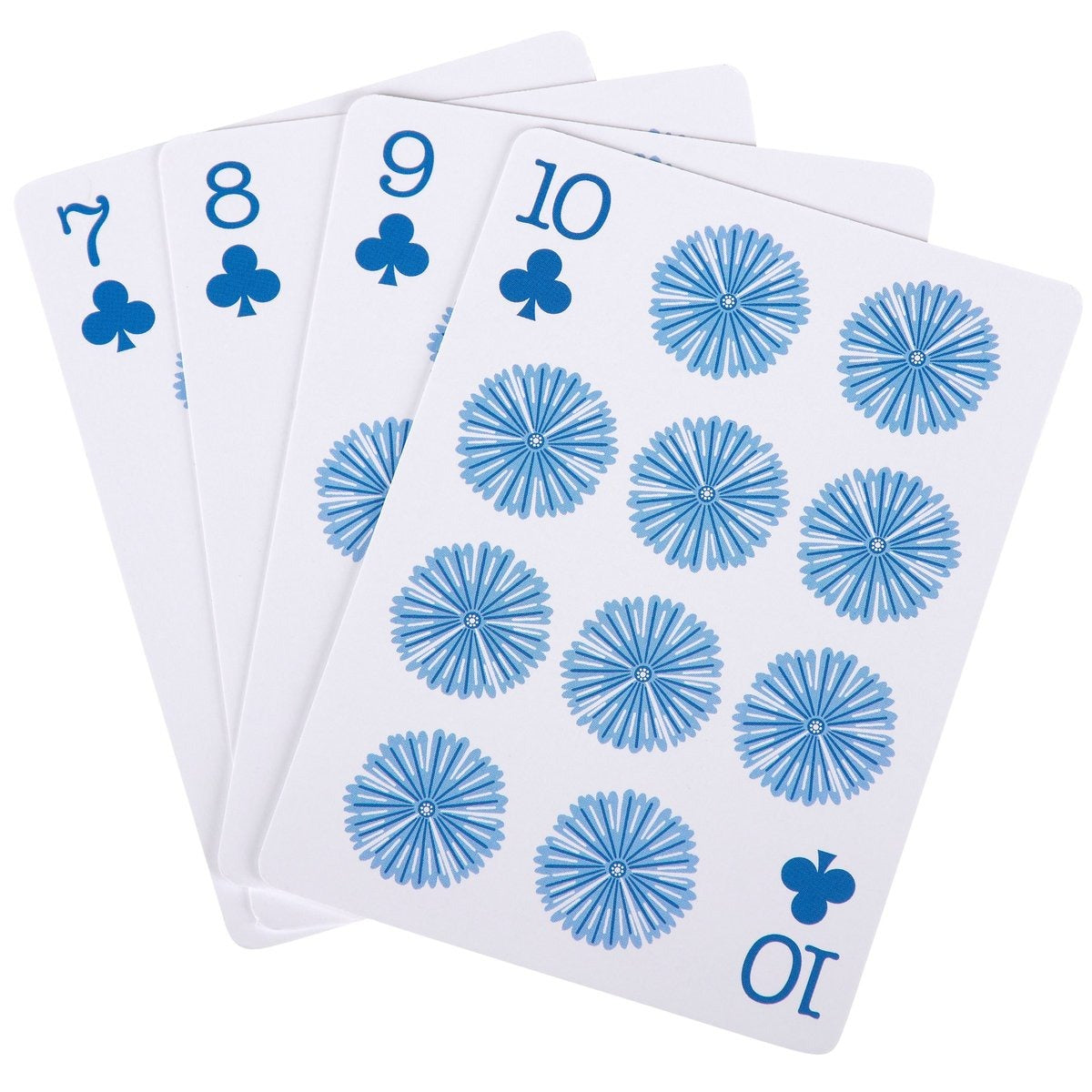 Set of playing cards with blue floral designs on a white background