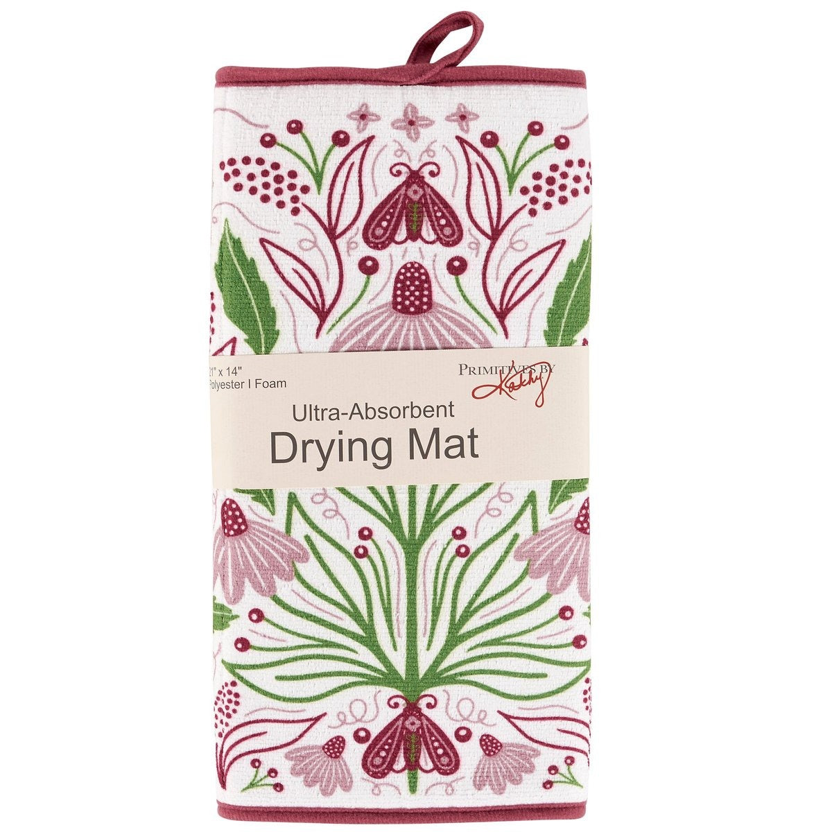 Floral-patterned drying mat with brand label on a white background