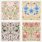Four floral patterns in different styles on a white background