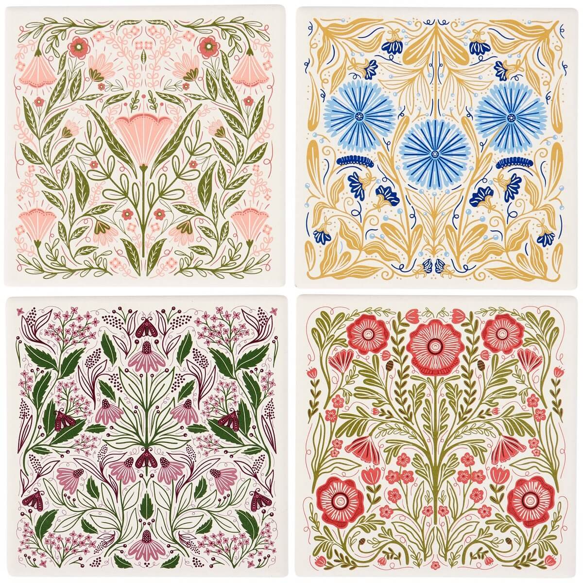 Four floral patterns in different styles on a white background