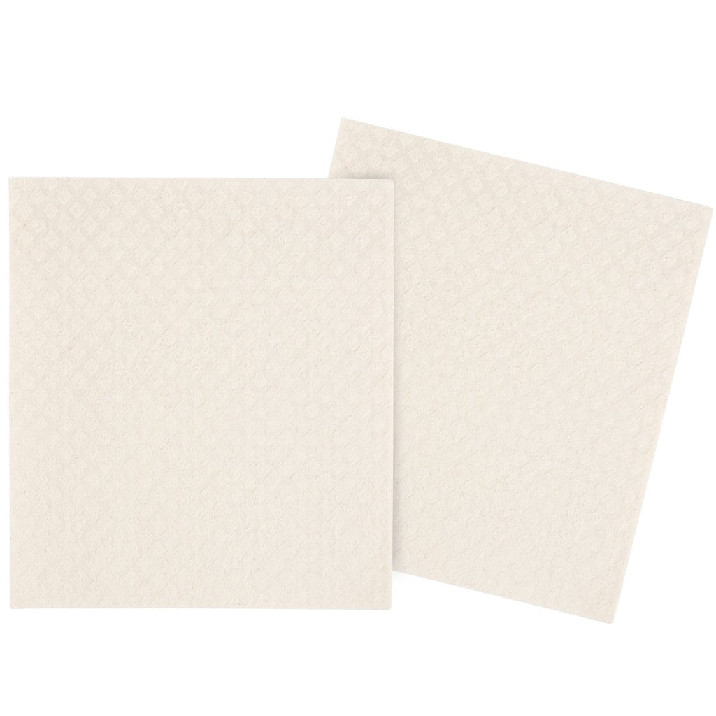 Two beige dish cloths on a white background