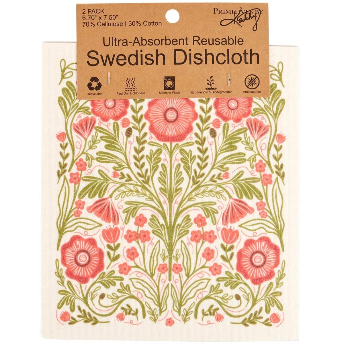 Floral patterned Swedish dishcloth with packaging label on a white background