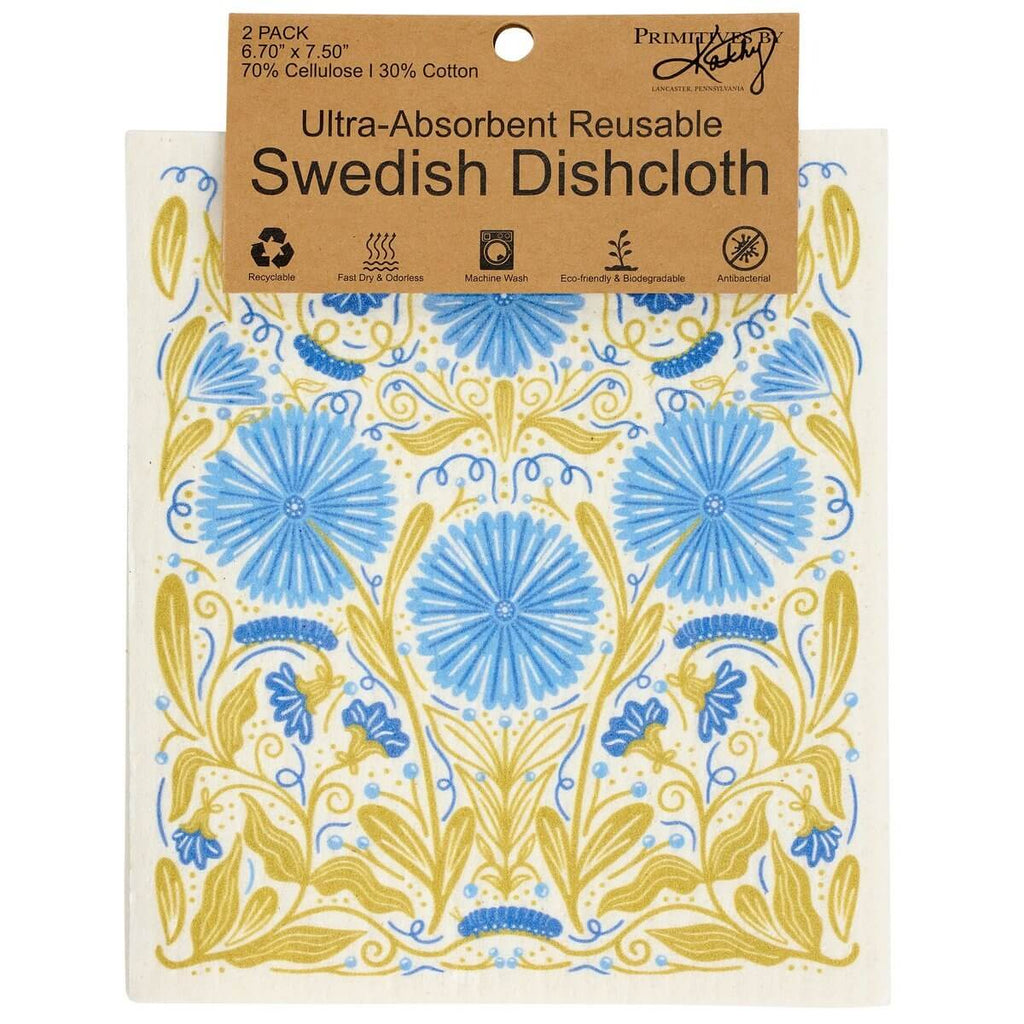 Packaged Swedish dishcloth with floral design and brand label on a white background