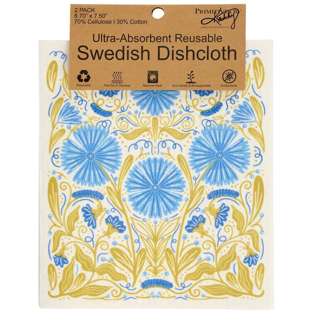 Packaged Swedish dishcloth with floral design and brand label on a white background