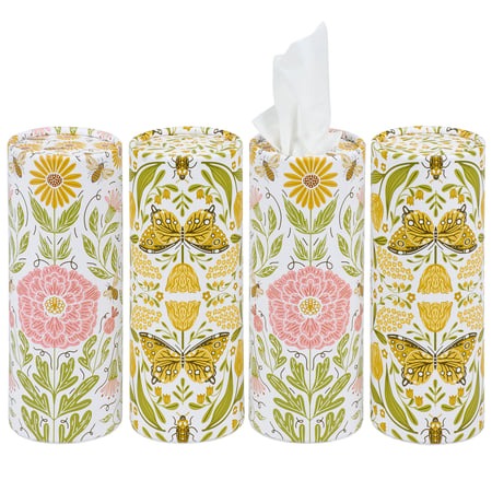 Set of four floral and nature-themed tissue paper rolls on a white background