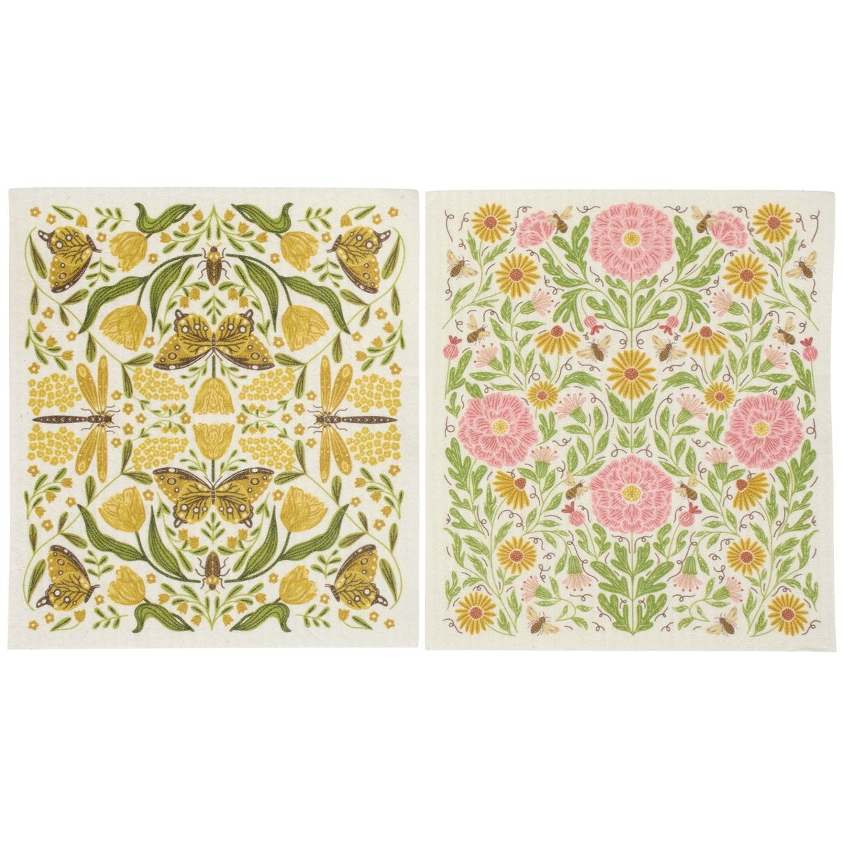 Two floral patterned towels with butterflies and flowers on a white background