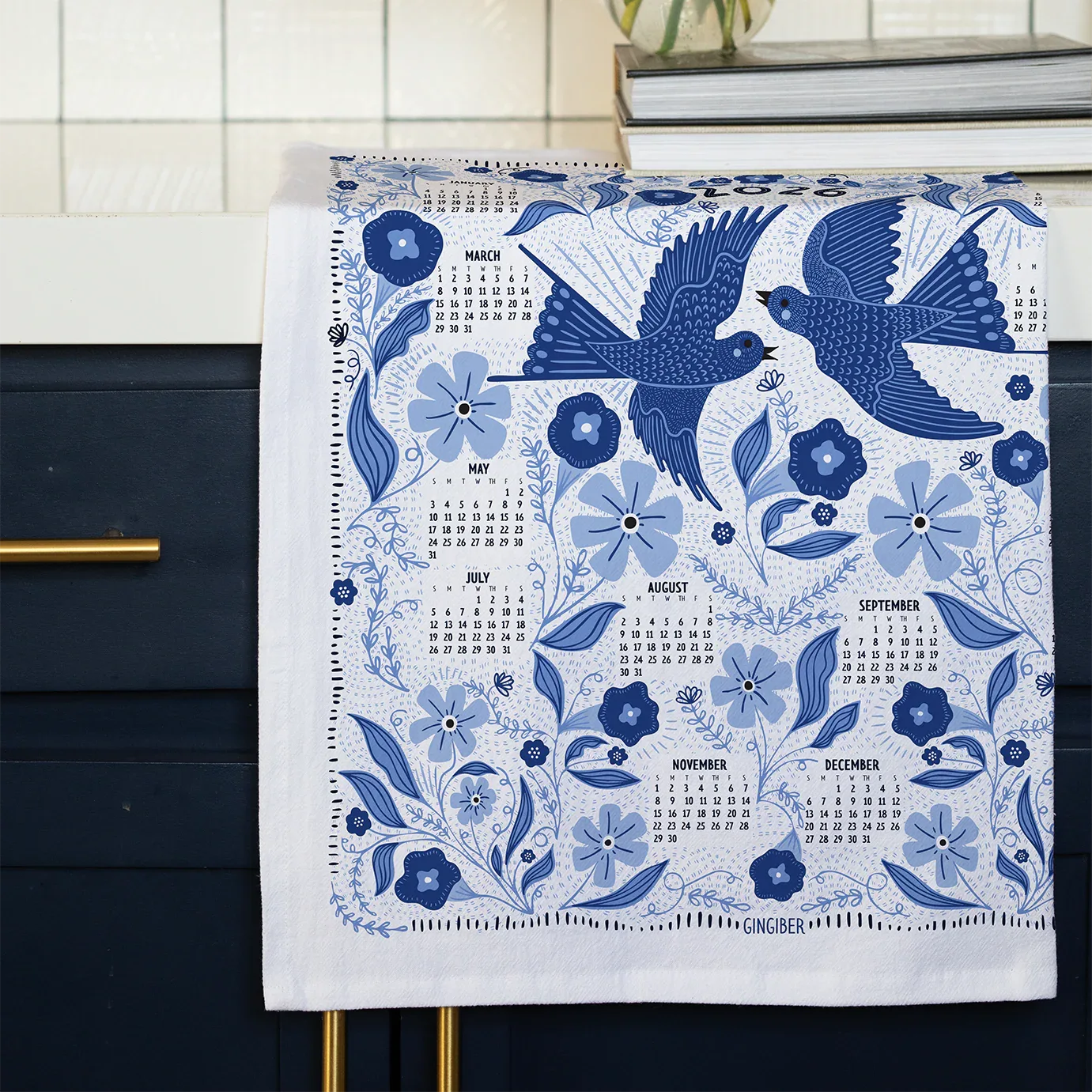 tea towel with bluebirds and 2026 calendar