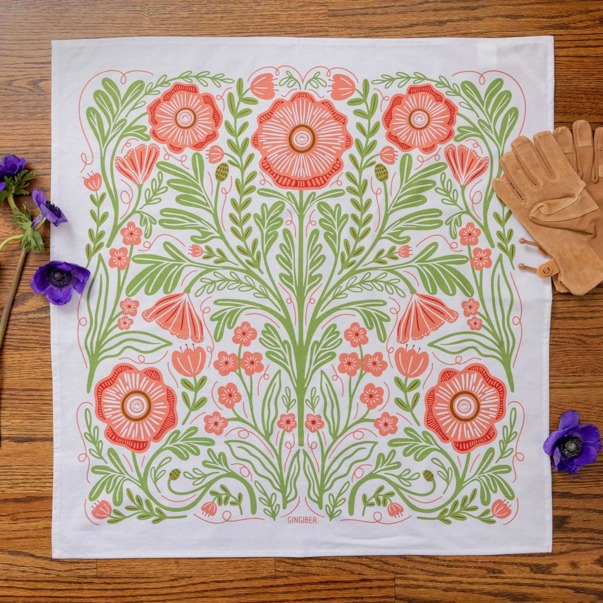 Tea Towel for sourdough bread baking - pink poppy design