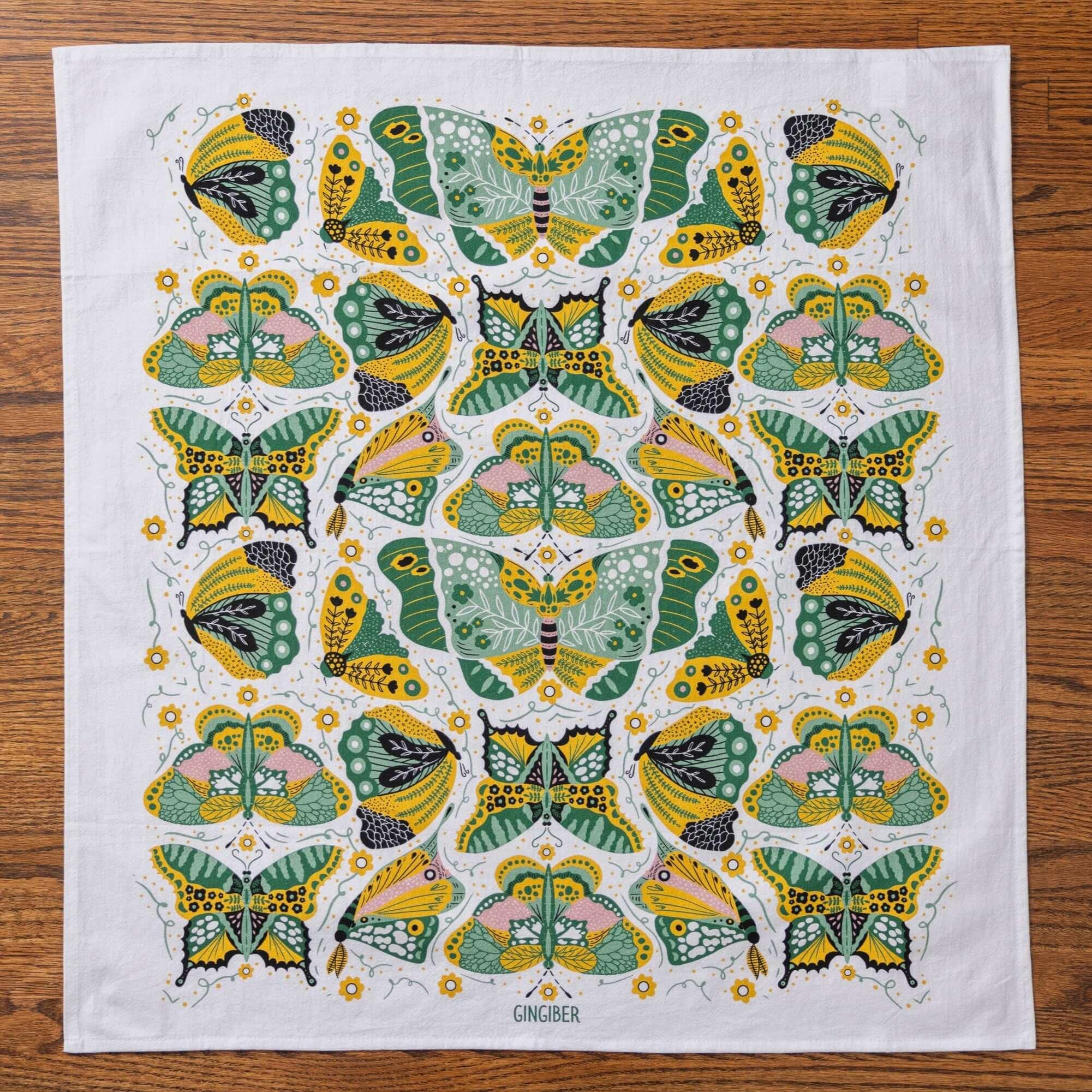 Night Butterfly Apron—bake in style with gingiber apron featuring green and yellow butterflies and matching tea towel, adjustable neck strap, large pocket, 100% cotton canvas