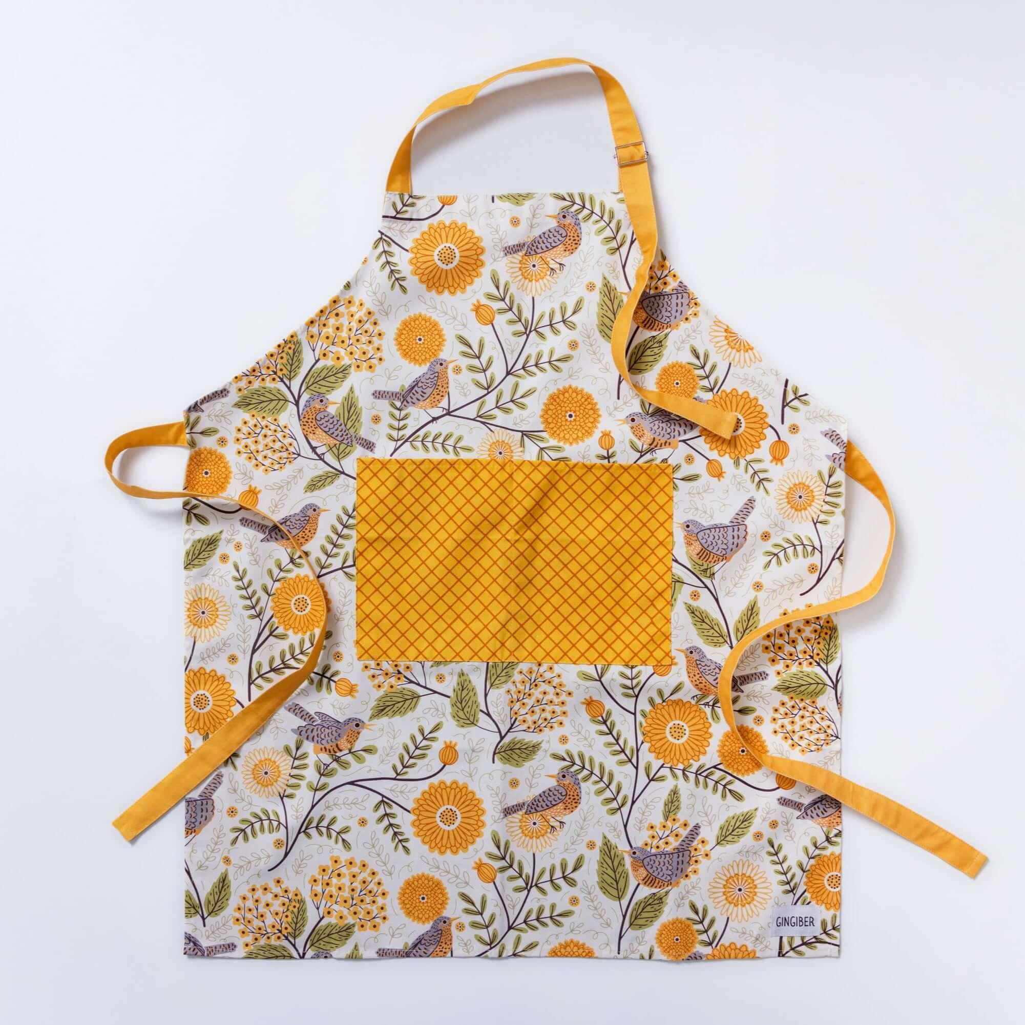 Mums & Robin Apron—bake in style with gingiber apron featuring floral and bird print and matching tea towel, adjustable neck strap, large pocket, 100% cotton canvas