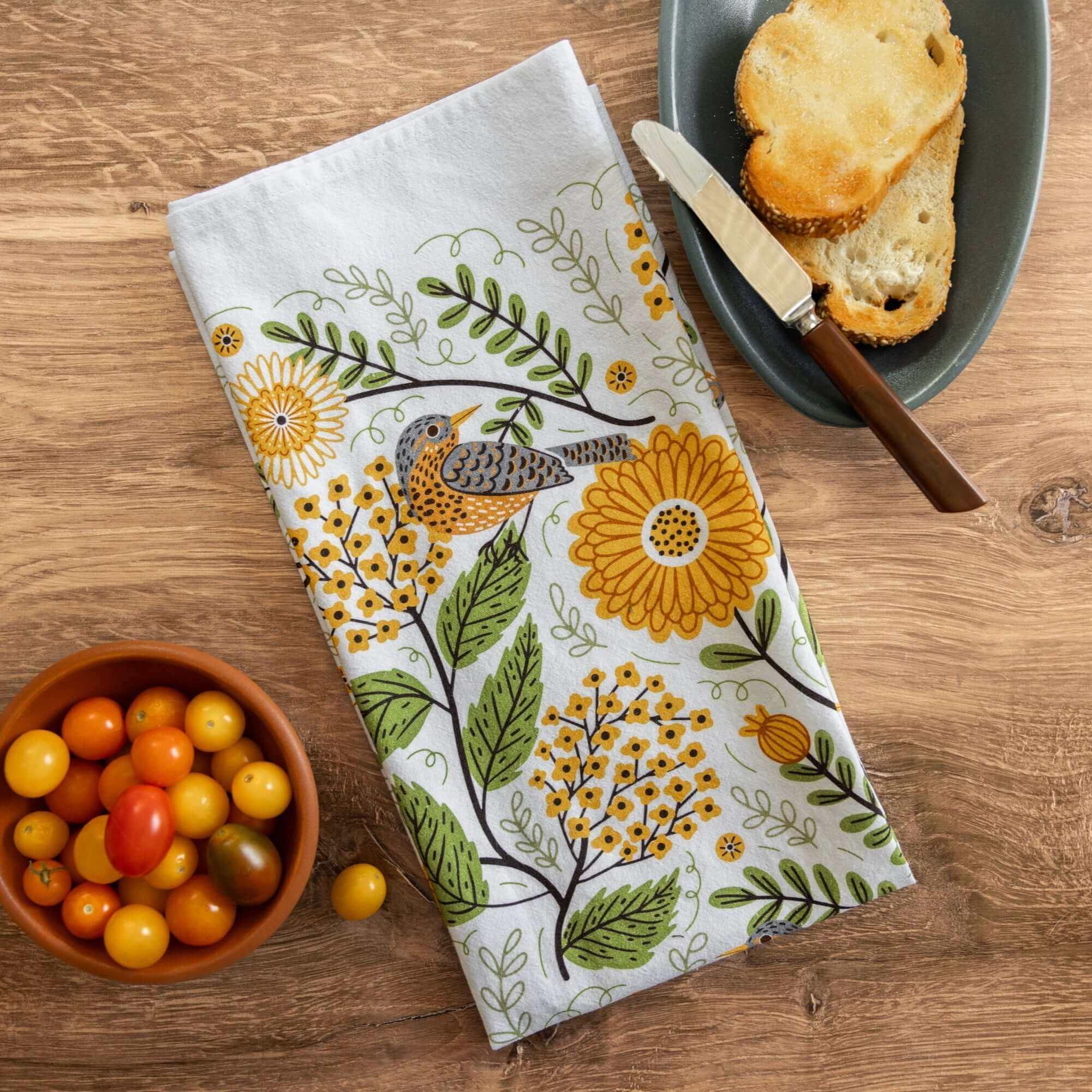 tea towels with bird and floral elements