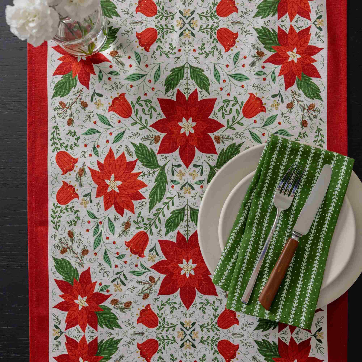 Christmas Poinsettia Table Runner - Red