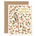 Apple Blossom Birthday Card - hand-illustrated Gingiber greeting card with bird and pink blossoms, includes kraft envelope, USA designed & printed