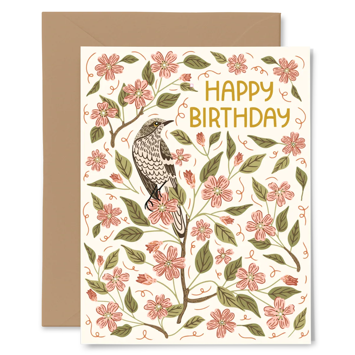 Apple Blossom Birthday Card featuring hand-illustrated floral design and bird, perfect for spreading joy.