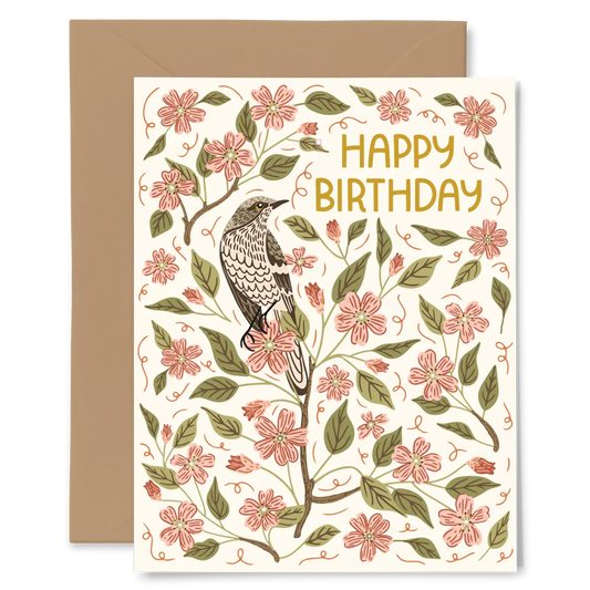 Apple Blossom Birthday Card featuring hand-illustrated floral design and bird, perfect for spreading joy.