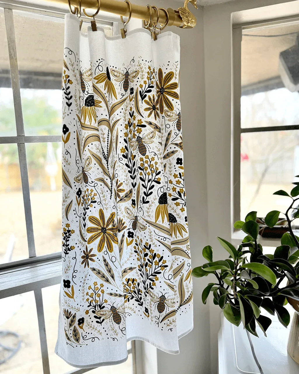 set of two tea towels with bee and floral illustrations
